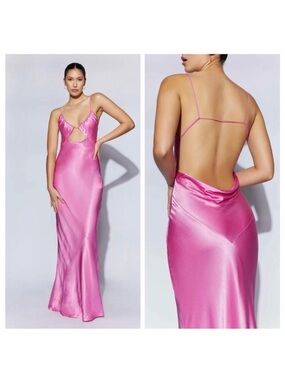 Meshki Pink Satin Backless Slip Dress with Front Cutout